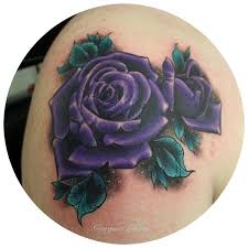 Rose for full hand with thorns and leaves: Amazing Purple Rose Tattoo Design For Shoulder By Georgina Liliane