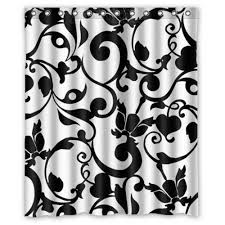Black And White Floral Shower Curtain Waterproof Bathroom Fabric Shower Curtain Black And White Damask Pattern Classic Vintage French Floral Swirl Black Curtains Fabric Shower Curtains White Damask