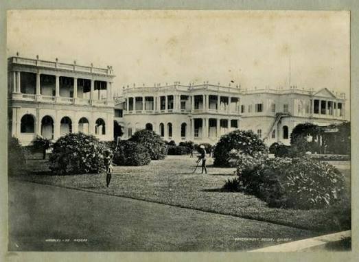 Photograph of Government House at Parel in Bombay (Mumbai), Maharashtra, taken by an unknown photographer, from an album of 40 prints of the 1860s. The busy port and industrial hub of Bombay