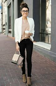 White Blazer Blush Top Black Skinnies Brown Ankle Boots Work Outfits Women Casual Work Outfits Summer Work Outfits