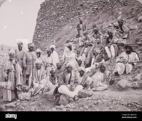 Khyber Chiefs and Khans with Captain Tucker, Political officer in Jamrood Fort. John Burke (Irish, about 1843 - 1900 Stock Photo - Alamy