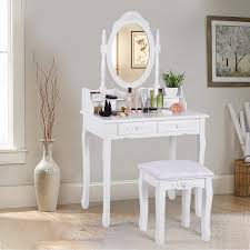 Shop for bedroom vanity table drawers online at target. Rosdorf Park Vanity Table Set Makeup Table With Oval Mirror Stool Bedroom Wood Dressing Table With 4 Drawers White 54 3 X 29 5 X 15 75 Wayfair