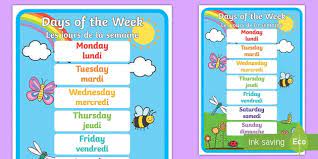 This page lists translations for the seven days of the week in various languages. Days Of The Week A4 Display Poster English French