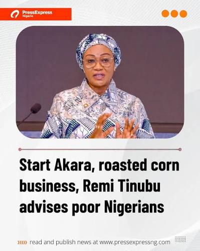 First Lady Remi Tinubu at the Renewed Hope Initiative event where she advised Nigerians to start akara, roasted corn and kuli-kuli businesses, June 2026