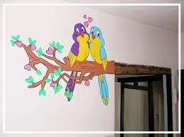 You can decorate walls of kids' room with cartoonlook. Cartoon Love Birds Wall Drawing Creative Wall Painting Wall Drawing Cartoon Wall