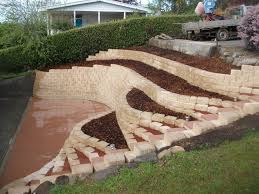 Retaining Wall In Front Of Concrete Ditch Google Search Landscaping Retaining Walls Sloped Backyard Sloped Backyard Landscaping