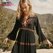 Jastie Bohemian Floral Embroidery Black Maxi Dress V Neck Flare Sleeve Boho Chic Long Dress Boho Chic Long Dresses Floral Dresses Long Long Sleeve Casual Dress