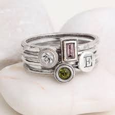 Mother's Stackable Birthstone & Initial Rings in Sterling Silver • 3  Birthstones and 1 Initial Set • Best Mother's Gift • Family Ring Set
