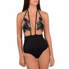 Black Halter Hollow Out Floral Lace Up Sheer Mesh Lace Bathing Suit In 2021 Black Lace Bodysuit Backless One Piece Swimsuit Women Swimsuits