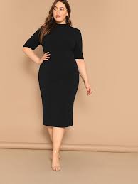 Shein Plus Mock-neck Solid Pencil Dress Plus Size Long Dresses Pencil Dress Stand Collar Dress