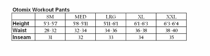 Otomix Workout Pants Size Charts