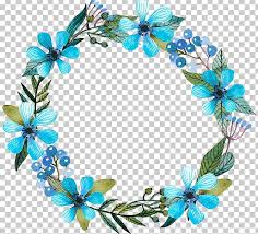 The print includes images of flowers and leaves. Floral Design Wreath Blue Flower Png Clipart Aqua Baby Blue Blue Blue Flower Clip Art Free