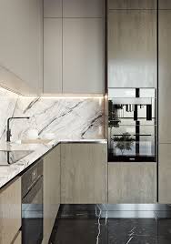 This elegant white marble is ideal for transition between room. Loving The Marble Backsplash Of This Modern Kitchen With Black Marble Floors Modern Kitchen Cabinet Design Kitchen Decor Apartment Modern Kitchen Design
