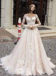 Long sleeve gowns for elegant brides. Elegant Scoop Neck Champagne Long Sleeves Wedding Dresses Lace Appliques Wedding Dresses Lace Wedding Dress With Sleeves Long Sleeve Wedding Dress Lace Ball Gowns Wedding
