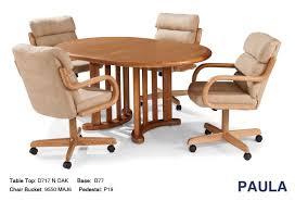 The swivel chairs tilt like rocking chairs and are easy to move around because they are on wheels. Paula Caster Dinette Chair Table Set