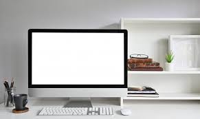 Workspace Mockup Computer On Office Desk And Books Photo Frame And Books On Shelves Work Space Frame Desk Office Desk
