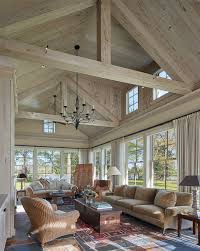 Great Room At Waterfront Estate With Beams And Paneled Cathedral Ceiling By Barnes Vanze Archi Farm House Living Room Cathedral Ceiling Living Room Great Rooms