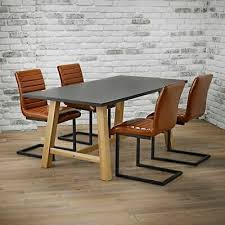 Wooden table with metal base. Industrial Grey Dining Table Set 4 Contemporary Tan Metal Chairs Modern Design Ebay