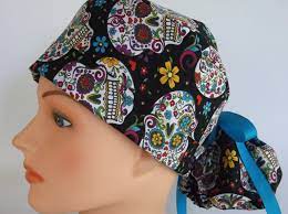 Sugar Skulls Black Ponytail Womens Lined Surgical Scrub Cap Etsy Surgical Scrub Hats Surgical Scrub Cap Scrub Hats