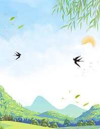 春天手绘山区场景图高清素材云朵场景图太阳山地柳条燕子in 2021 psd jpg