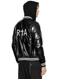 Black And White Striped Bomber Jacket Rta Logo Embroidered Shiny Bomber Jacket In Black White Stripes Modesens Bomber Jacket Jackets Black White Stripes