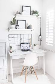 White Home Office With Black Accents And Plants Minimalist Living Room Minimalist Living Room Design Study Room Decor