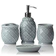 At anthropologie, we offer everything you need to make your bathroom both elegant and functional. Amazon Com Designer 4 Piece Bathroom Accessory Set Ceramic Bath Set W Liquid Soap Or Lotion Dispenser Toothbrush Holder Tumbler And Soap Dish Decorative Set W Embossed Details Modern Vanity Accessories