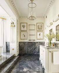 Inspired by a classic mattress ticking stripe and updated with graphic bands. Ralph Lauren Home Luxury Master Bathrooms Marble Flooring Home