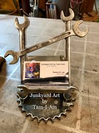 Junkyard Art By Tam I Am Repurposed Wrenches And A Sprocket Welded Together To Make A Business Card Holder Sc Scrap Metal Art Welding Art Metal Tree Wall Art