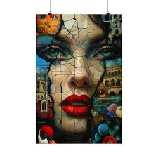 Beautiful Mosaic Woman's Face Poster With Cityscape Elements Unique Art  Print for Home Decor