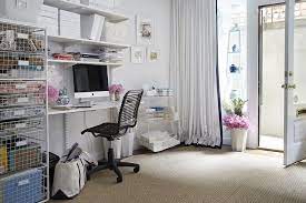 The smaller your home office is, the more efficient organization and storage should be. Home Office With Modular Desk And Shelves Transitional Den Library Office