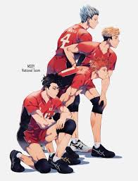 throttlee, bokuto koutarou, hinata shouyou, miya atsumu, sakusa kiyoomi,  haikyuu!!, looking away, highres, 4boys, aged up, black hair, blonde hair,  full body, grey hair, kneehighs, leaning forward, male focus, multiple  boys, orange hair, profile, shadow, shoes ...