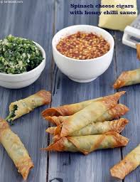 Spinach Cheese Cigars Recipe Spinach Cheese Cigars With Honey Chilli Sauce Recipe Veg Snacks Spinach And Cheese Recipes