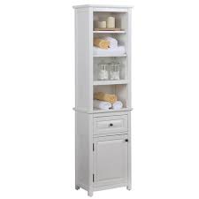 This shelving unit is crafted from metal and features six slatted shelves that are perfect for housing towels and toiletries without catching water. Dorset Bathroom Storage Tower With Open Upper Shelves Lower Cabinet And Drawer Alaterre Furniture Target