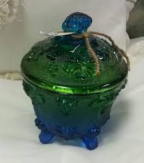 Vintage Carnival Glass Candy Dish Blue And Green Glass With Leaves And Grapes Carnival Glass Glass Candy Dish Candy Dishes