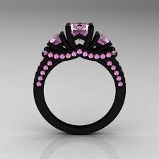 Black And Pink Rings For Her French 14k Black Gold Three Stone Emerald Wedding Ring Engagement Ring R182 14kbgem Wedding Rings Pink Sapphire Pink Sapphire Wedding Sapphire Wedding Rings