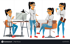 Premium Employee Working In Office On Desk Illustration Download In Png Vector Format Female Characters Business Women Asian Woman