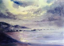 Costa Brava Dawn Original Watercolor Calella Spain Art Small Painting Spanish Landscape Yellow Violet Wall D Original Watercolors Small Paintings Landscape