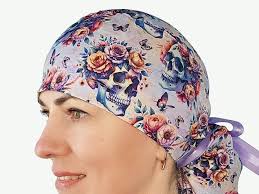 Skull Scrub Caps for Women, Floral Surgical Hat, Euro Surgery Cap, Stretchy  Nurse Cap