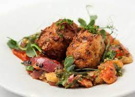 Shiitake Mushroom And Cheese Fritters With Escalivada Great British Chefs Recipe Vegan Entree Recipes Vegan Recipes Main Course Stuffed Mushrooms