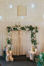 Wooden Arch With Floral Decor Altar Decor Pink Gold Summer Wedding At East Riddlesden Hall Barn Y Wedding Hall Decorations Wedding Arch Wedding Backdrop