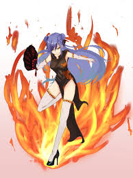 velgrynd (tensura), tensei shitara slime datta ken, black footwear,  absurdres, highres, 1girl, black dress, blue hair, breasts, china dress,  chinese clothes, double bun, dress, elbow gloves, eyebrows hidden by hair,  eyeshadow, fire,