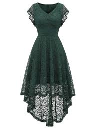 Modecrush Womens High Low Wedding Cocktail Party Homecoming Floral Lace Dress Ruffle Sleeve S Blackishgreen