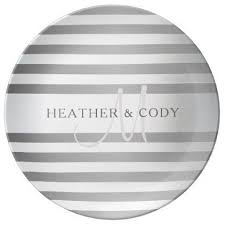 Black And White Striped Dinner Plates Elegant Monogram Faux Silver Gradient Grey Stripes Dinner Plate Zazzle Com In 2020 Monogram Wedding Plates Grey Stripes
