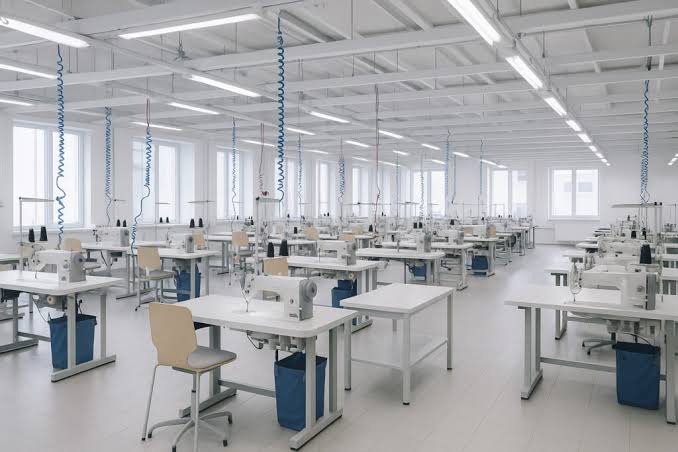 Advanced apparel manufacturing facility floor, AI generated