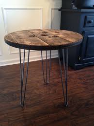 Side Table Top Of Dad S Old Spool Table Paired With 24 3 Bar Hairpin Legs From Amazon Spool Tables Spool Furniture Wood Spool Tables