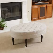 Tufted Top Linen Upholstered Oval Ottoman Coffee Table W Button Accents Fabric Ottoman Ottoman Oval Ottoman