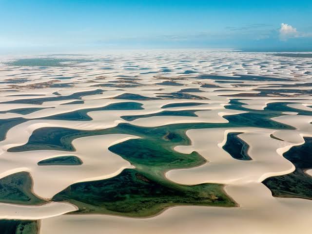 Lençóis Maranhenses Brazil white dunes blue lagoons aerial