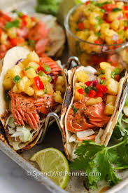 Season it well with salt, pepper, paprika, ginger and a pinch of cayenne pepper and cook in a skillet/pan with a little olive oil until ready. Salmon Tacos With Pineapple Salsa Quick Easy Spend With Pennies