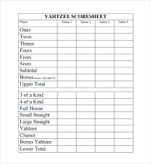 Free 9 Sample Yahtzee Score Sheet Templates In Google Docs Google Sheets Excel Ms Word Numbers Pages Pdf